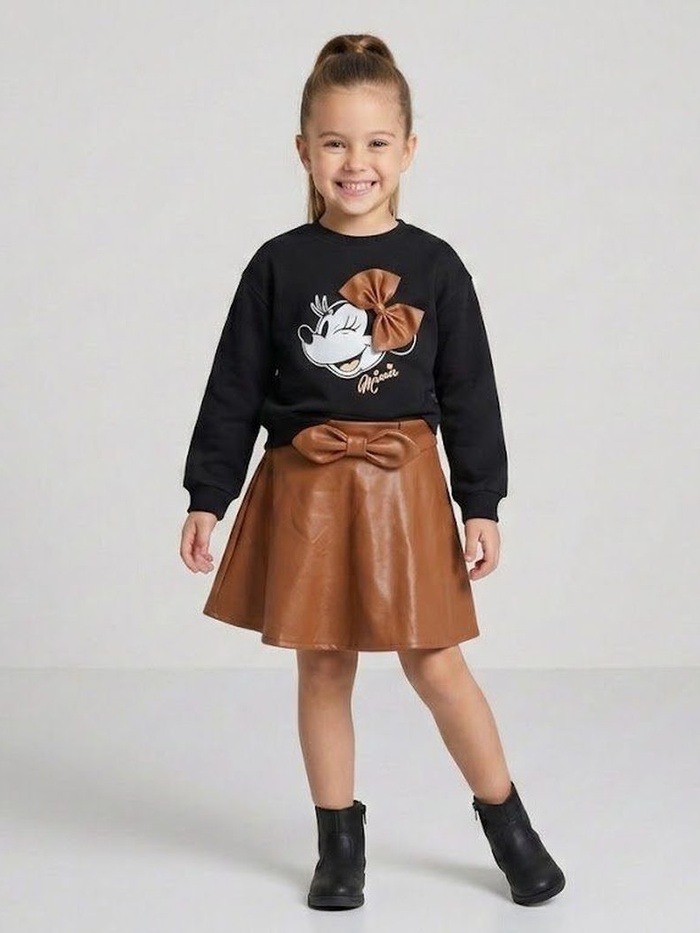 Minnie Leather Bow Set Black - For Girls (Brown Leather Skirt)