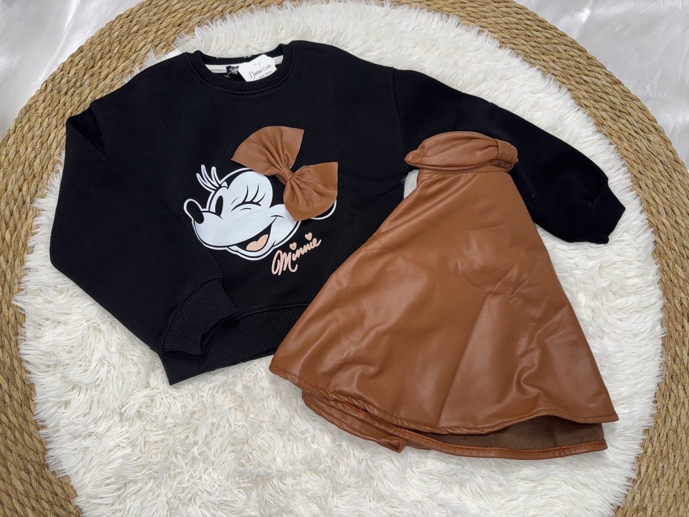 Minnie Leather Bow Set Black - Girl (Brown Leather Skirt)-10