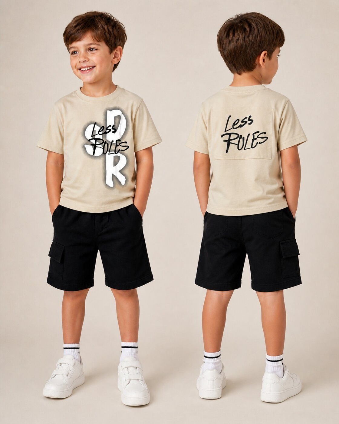 Less Rules Beige Shorts Set - Boy (Front Graphic)-03