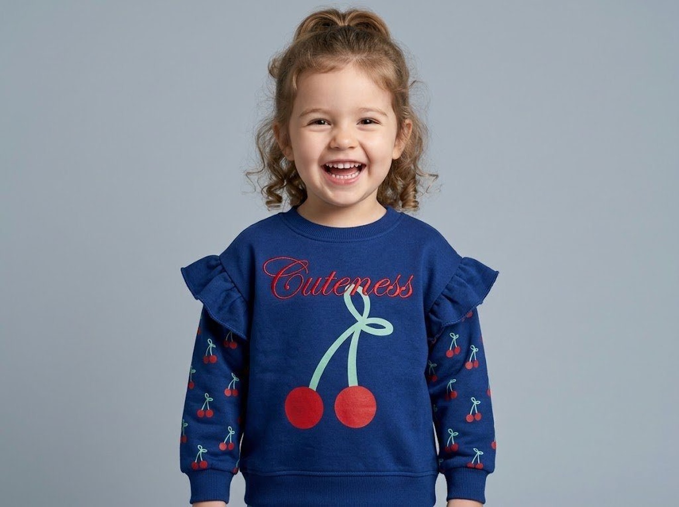 Cherry Cuteness Sweatshirt Navy Blue - Girl (Patterned Ruffle Sleeves)-05