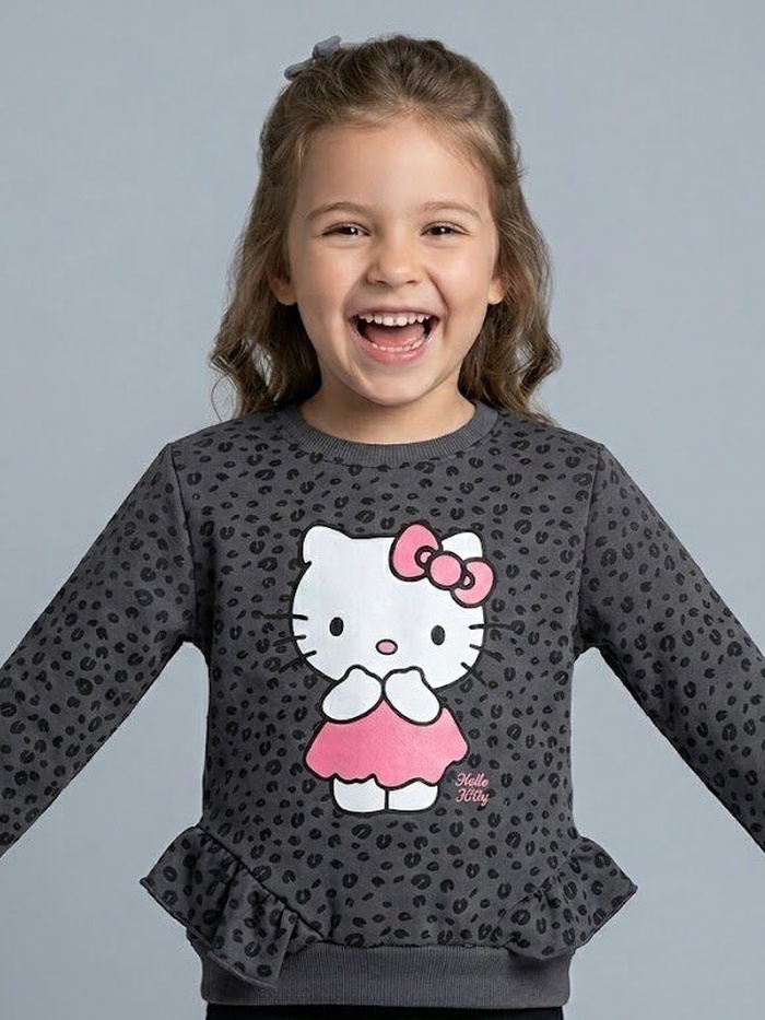 Hello Kitty Leopard Sweatshirt Dark Grey - Girl (All Over Spots)