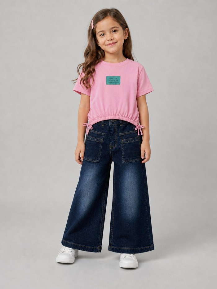 Pink Wide-Leg Jeans Set - Girl (Side Bows)