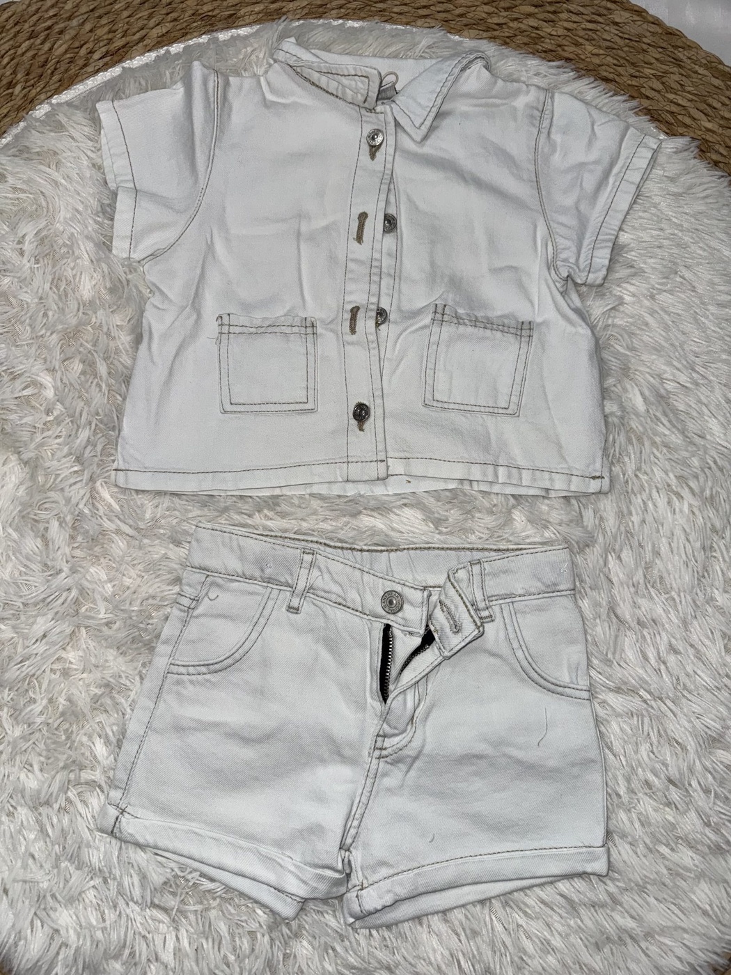 White Button Shorts Set - Girl (Patch Pockets)-07
