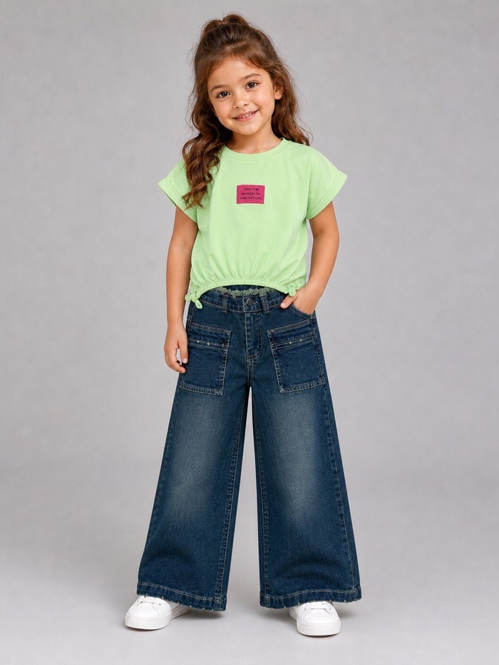 Green Wide-Leg Jeans Set - Girl (Side Bows)