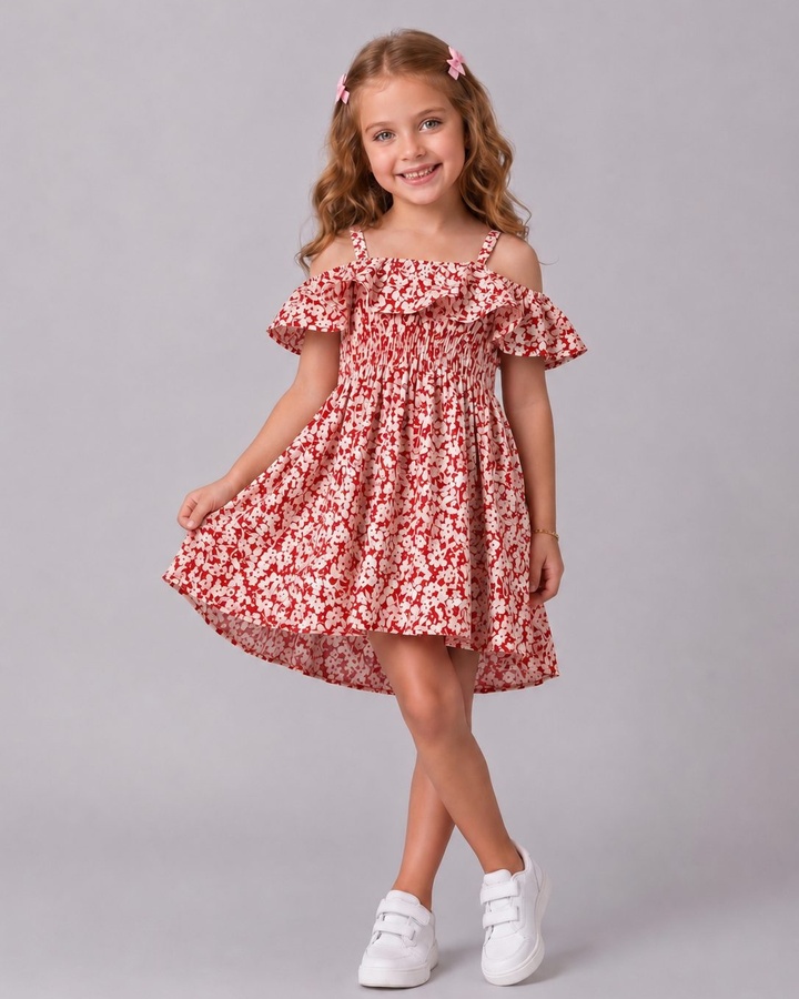 Red Floral Cold Shoulder Dress - Girl (Ruffle Neckline)
