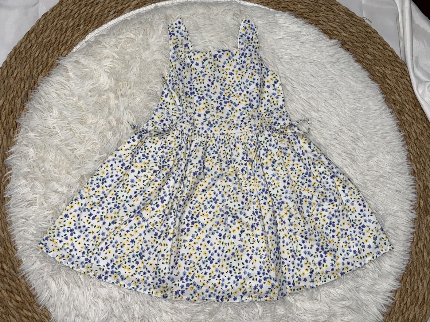 Blue Yellow Floral White Dress - Girl (Side Bows)-06