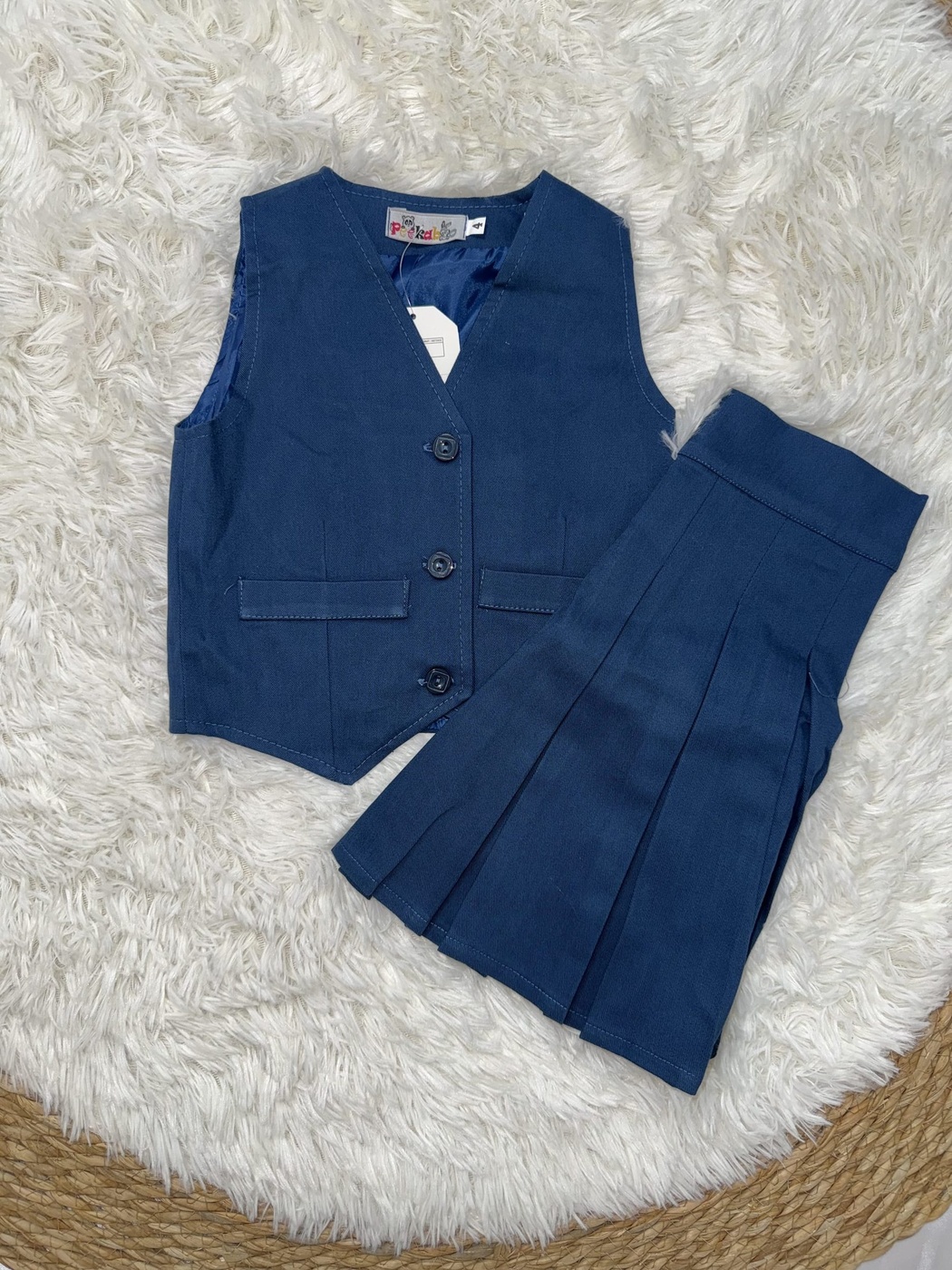Peekaboo Blue Vest Set - Girl (Pleated Skirt)-12