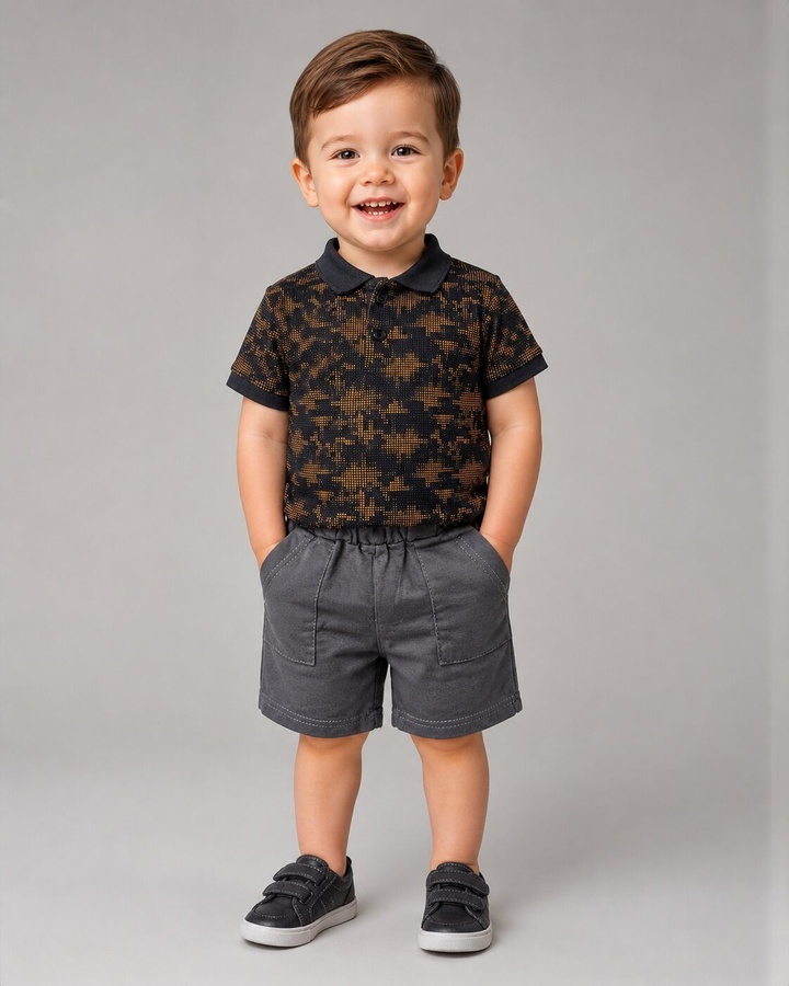 Patterned Black Polo Shorts Set - Boy (Contrast Gray Shorts)