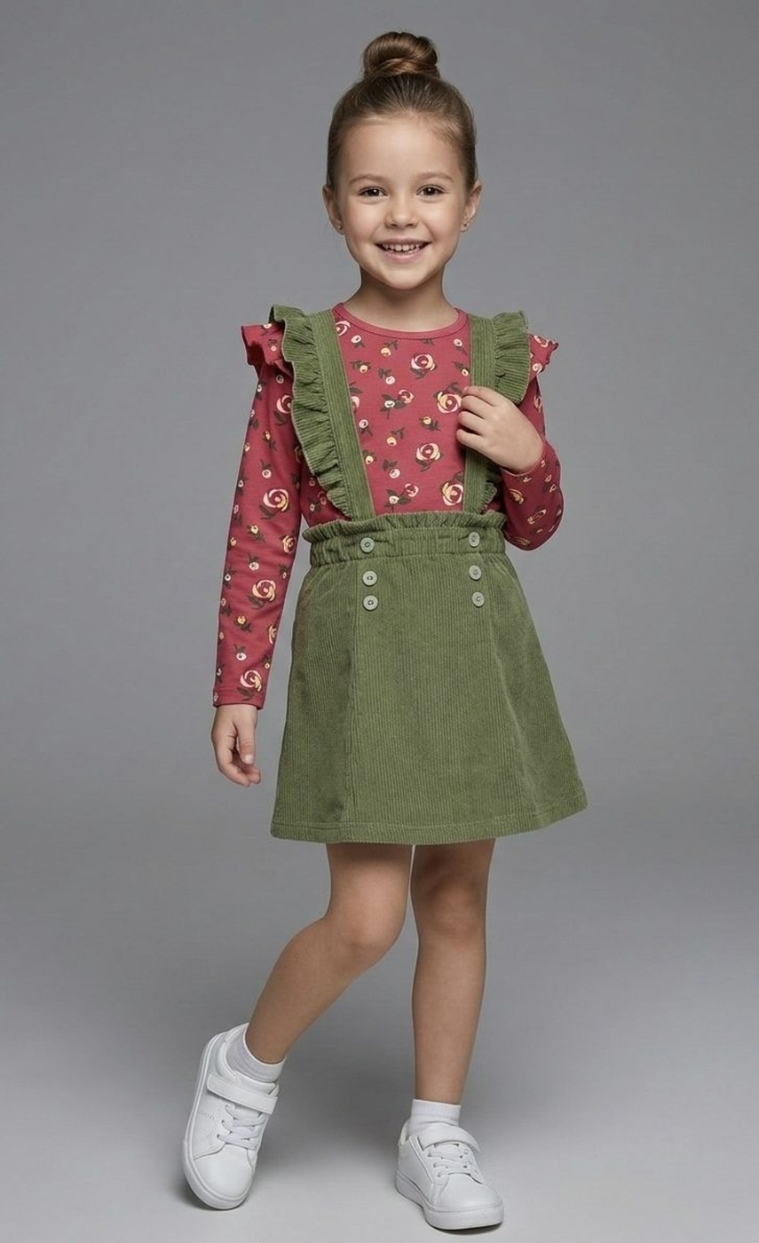 Rose Suspender Set Red - Girl (Olive Corduroy Bottom)-06