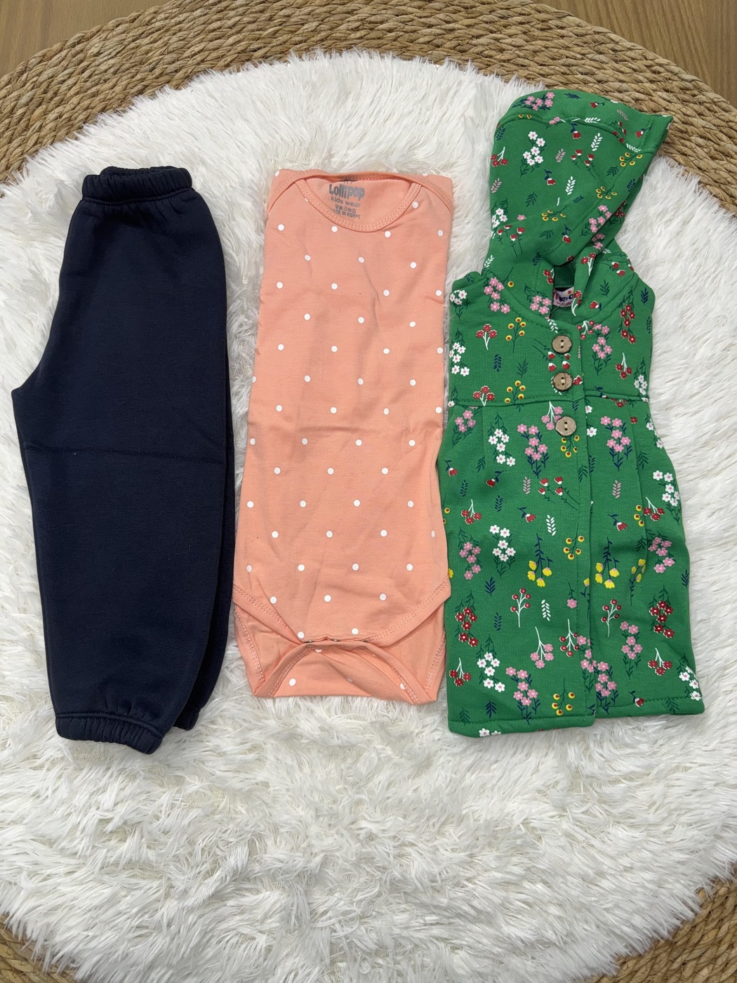 Green Floral 3-Piece Set - Baby Girl (Orange Onesie)-36M