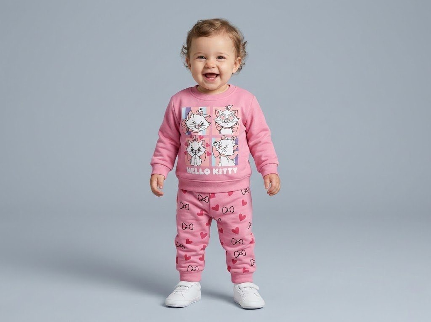 Marie Cat Pink Set - Girl (Bow Print Pants)-01