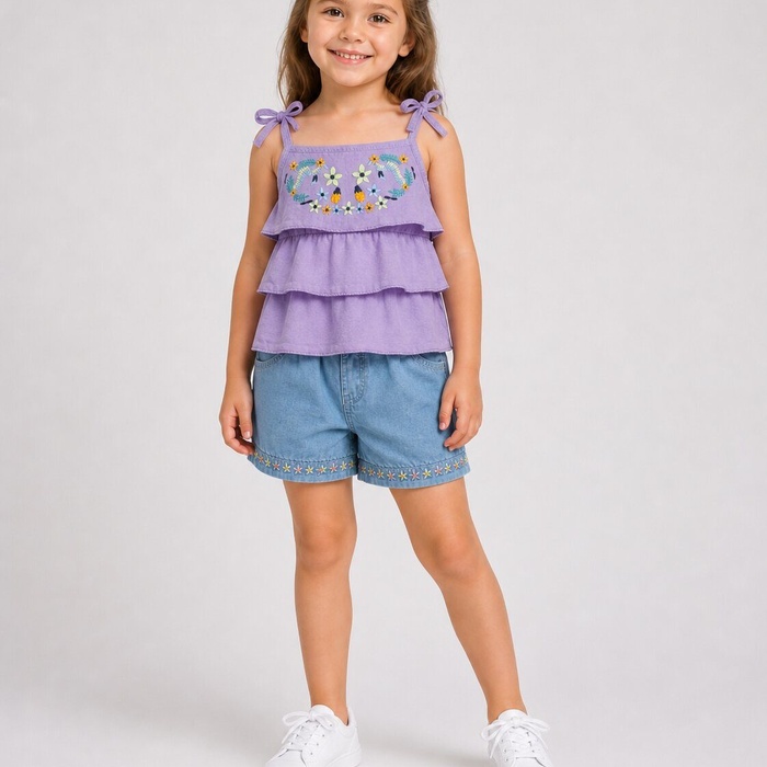 Floral Embroidered Purple Shorts Set - Girl (Ruffle Top)