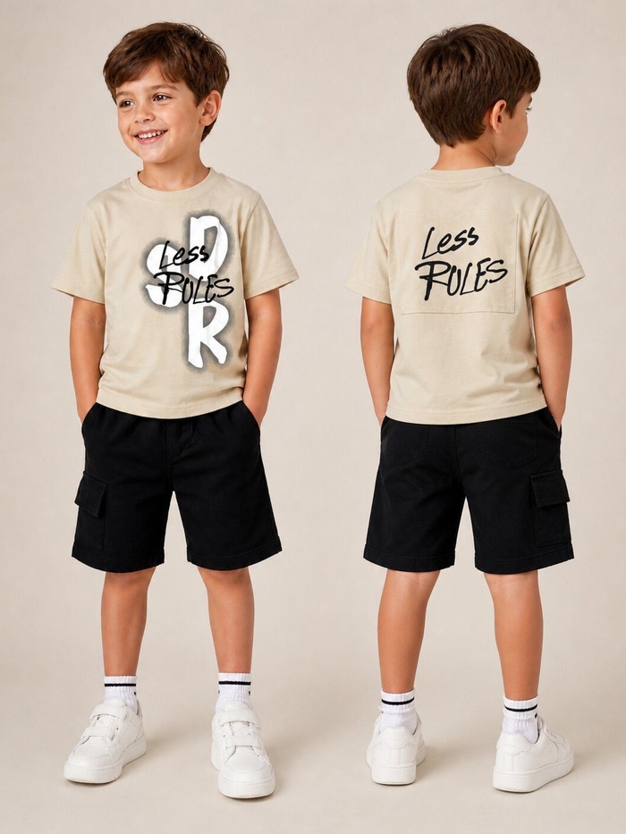 Less Rules Beige Shorts Set - Boy (Front Graphic)