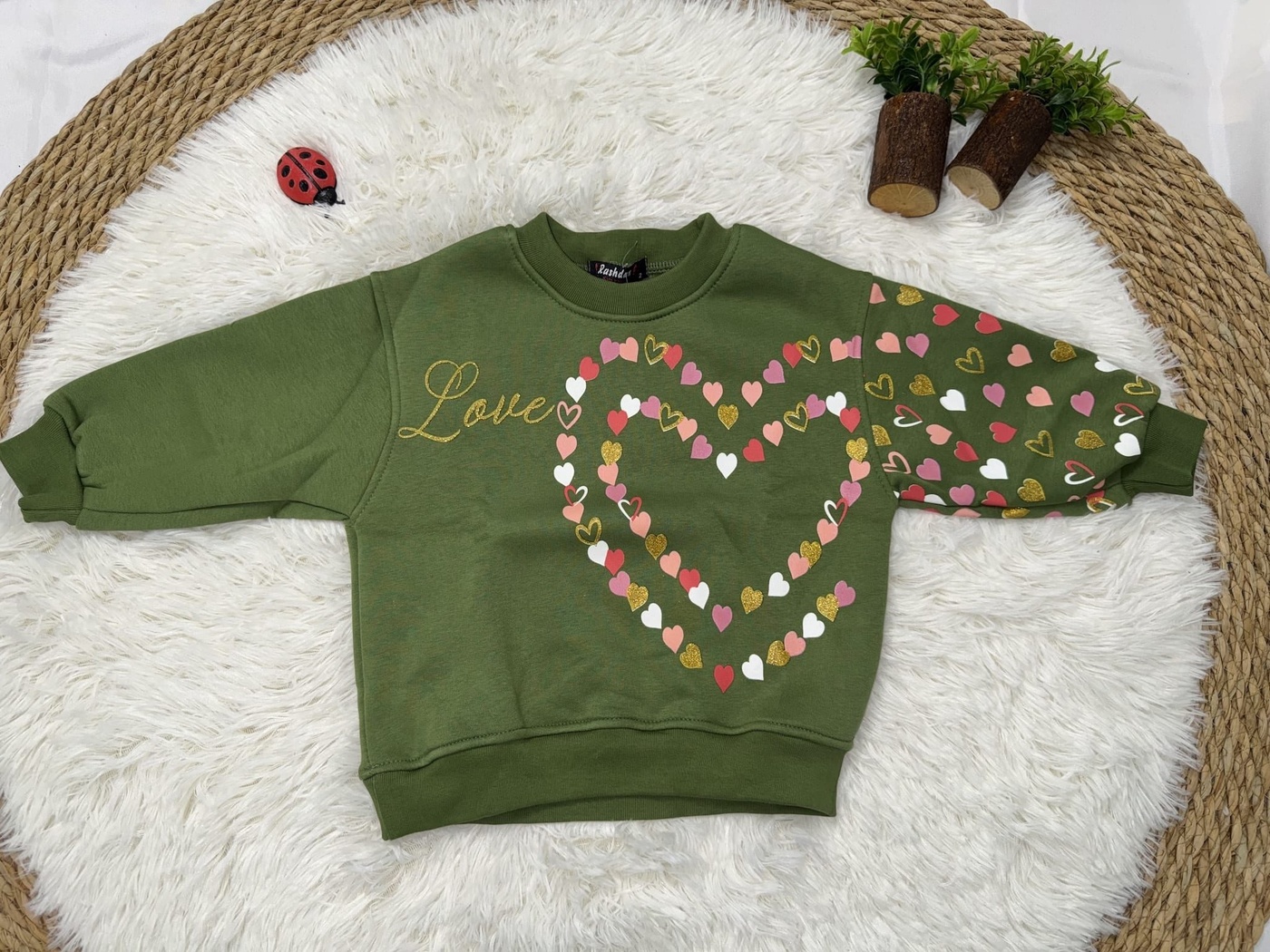Love Heart Sweatshirt Olive Green - Girl (Single Patterned Sleeve)-05