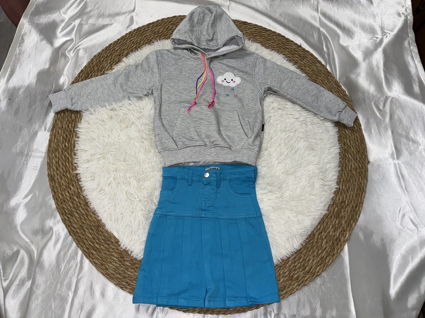 Rainbow Cloud Fringe Hoodie Set Grey - Girl (Blue Denim Skirt)-06