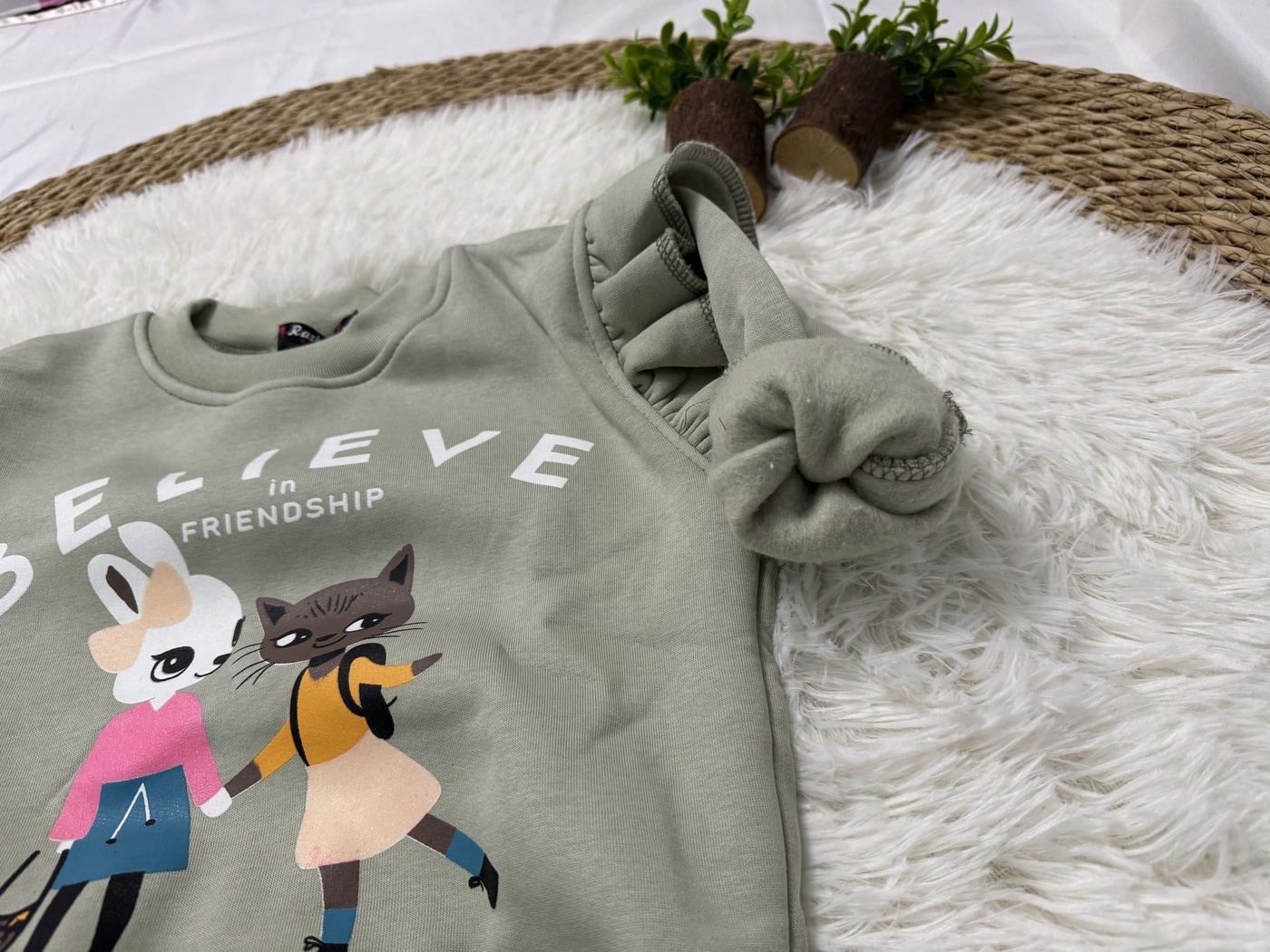 Friendship Sweatshirt Sage Green - Girl (Bunny & Cat)-05