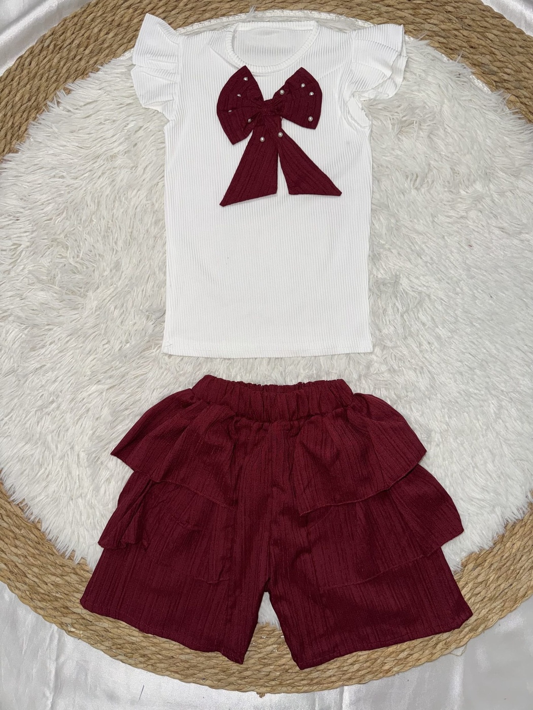 Bow Burgundy Shorts Set - Girl (Ruffle Shorts)-06