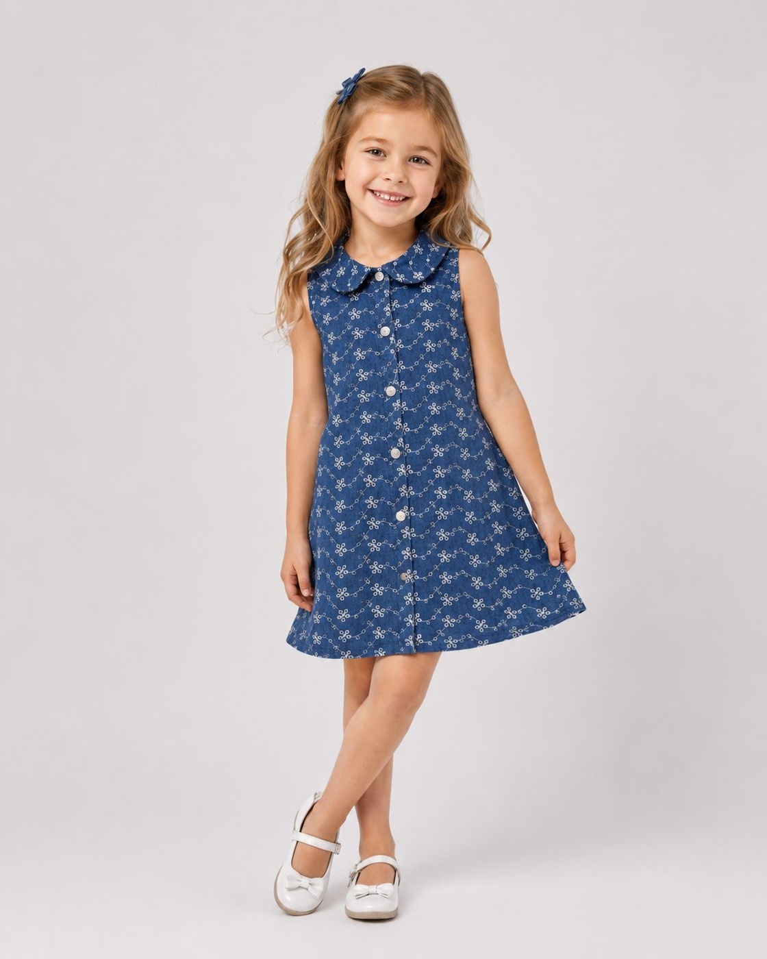 Blue Collared Dress - Girl (Button Front)-08