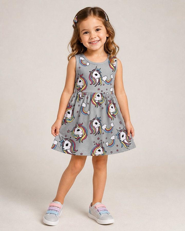 Brand Unicorn Gray Dress - Girl (Allover Unicorns)