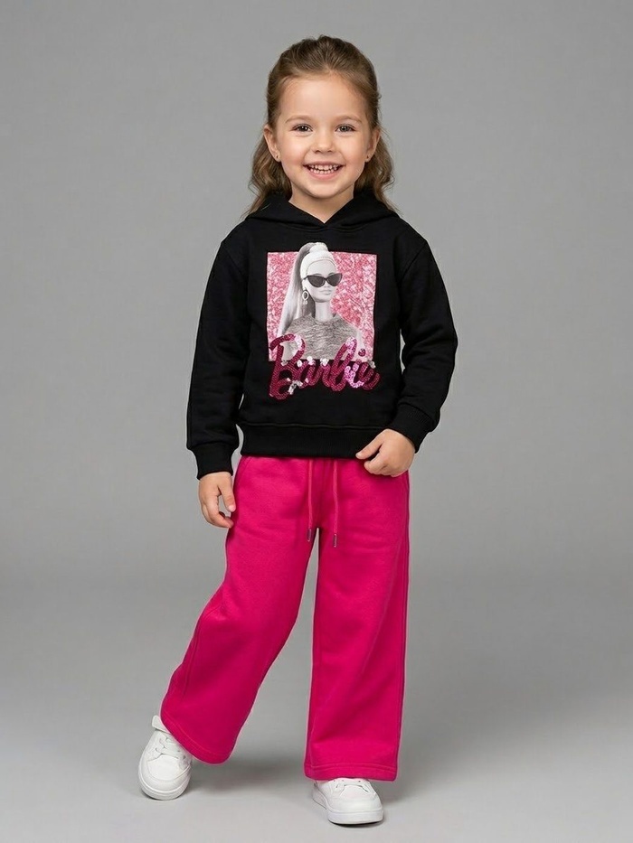 Barbie Sequin Hoodie Set Black - For Girls (Hot Pink Pants)