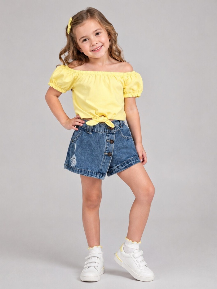 Tie-Front Yellow Denim Skort Set - Girl (Button-Front Skort)