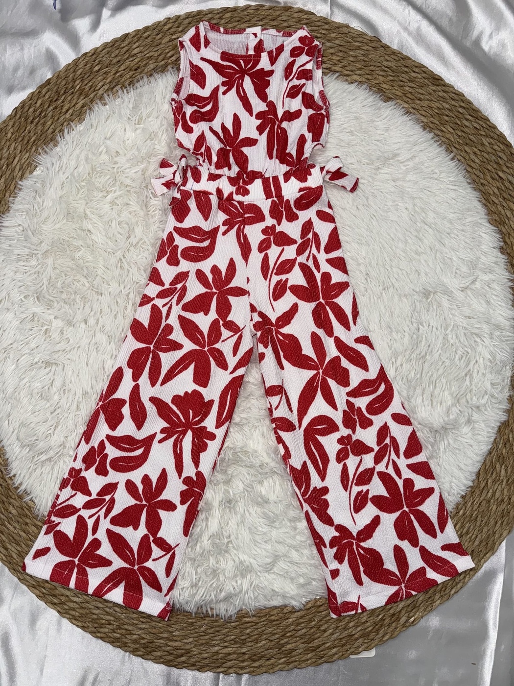 Red Floral Jumpsuit - Girl (Side Bows)-07