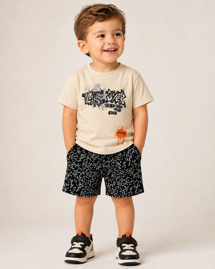 Graffiti Beige Shorts Set - Boy (Speckled Shorts)