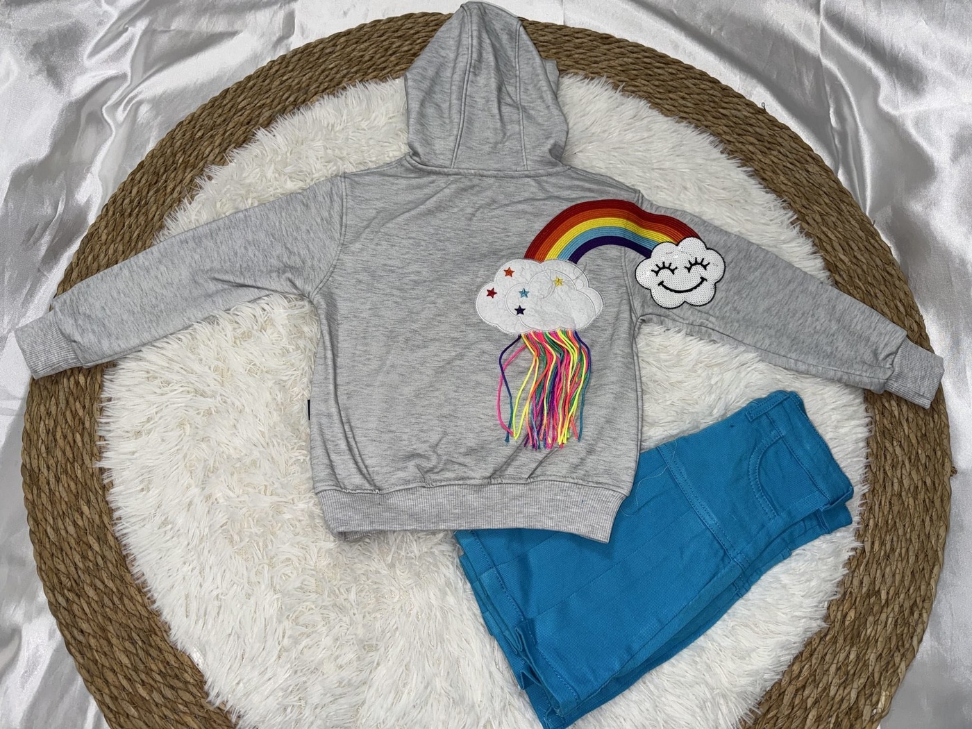 Rainbow Cloud Fringe Hoodie Set Grey - Girl (Blue Denim Skirt)-06