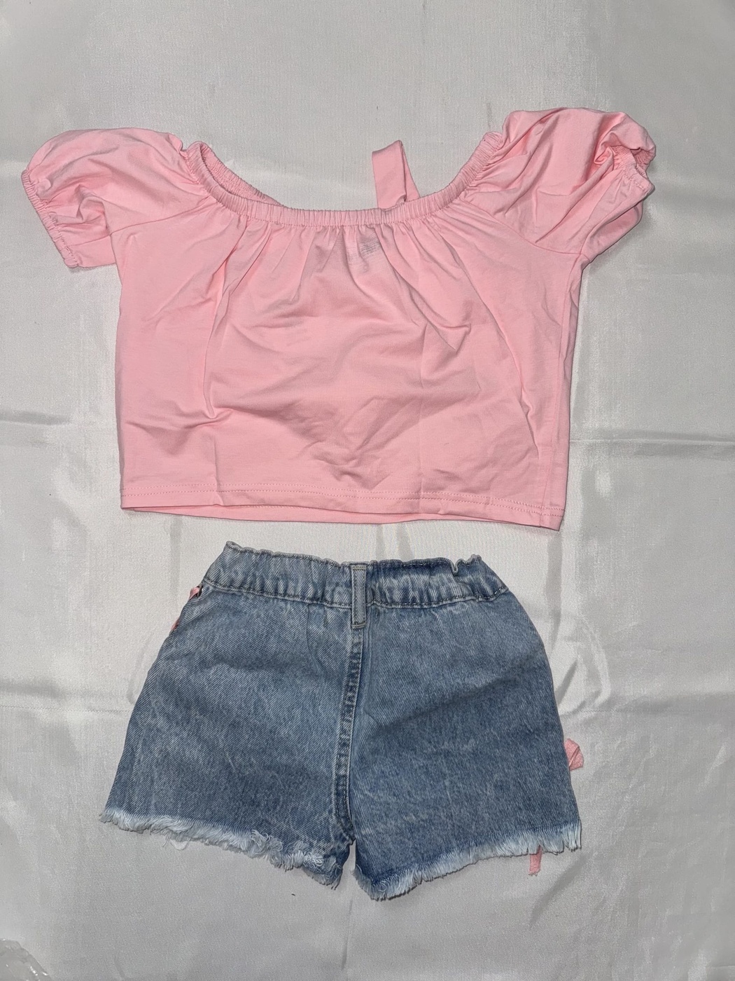 Bow-Trim Pink Denim Shorts Set - Girl (Side Lace Bows)-06