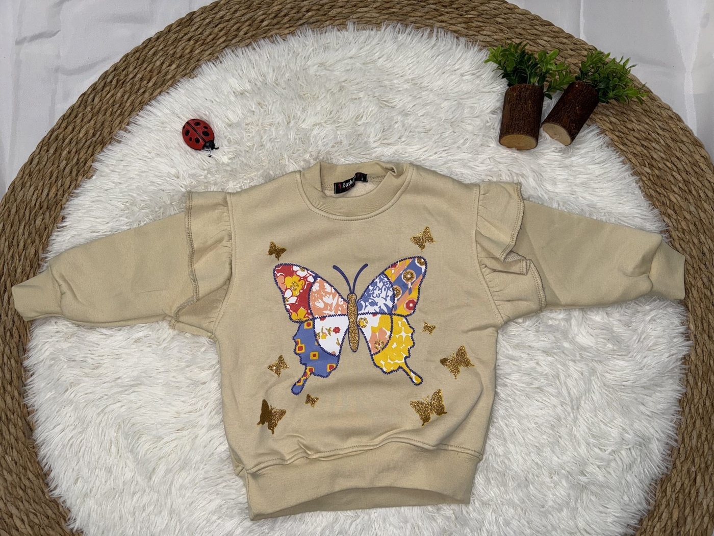 Butterfly Sweatshirt Beige - Girl (Patchwork Art Style)-05