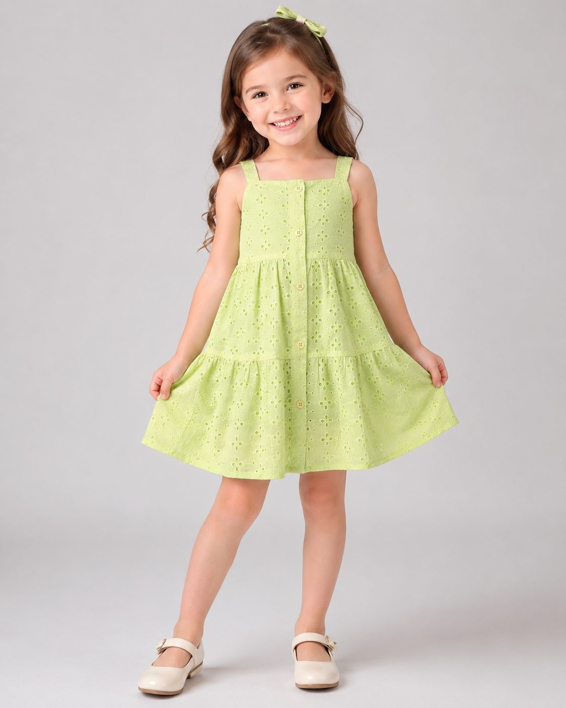 Tiered Green Dress - Girl (Button Front)-04
