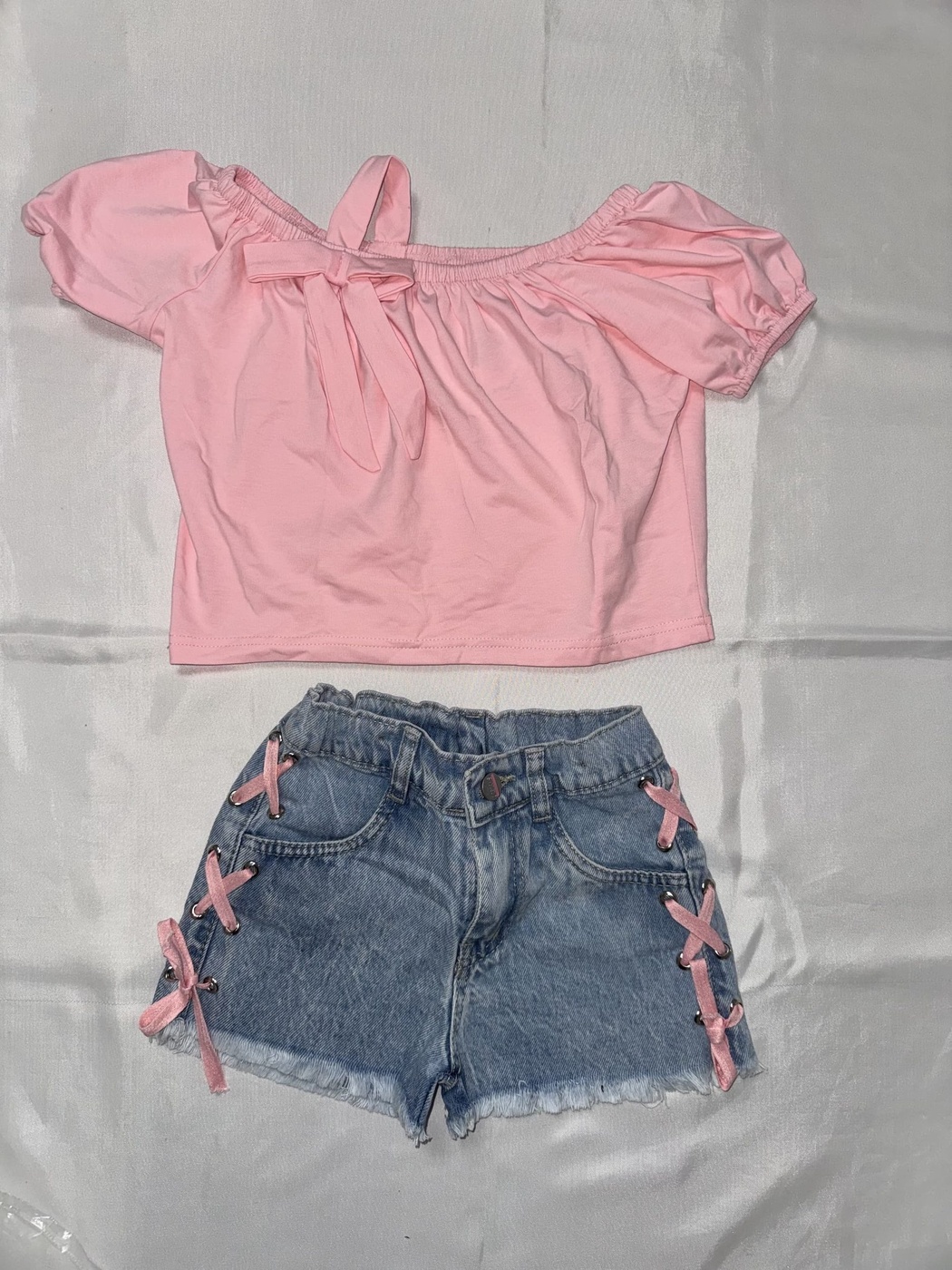Bow-Trim Pink Denim Shorts Set - Girl (Side Lace Bows)-06