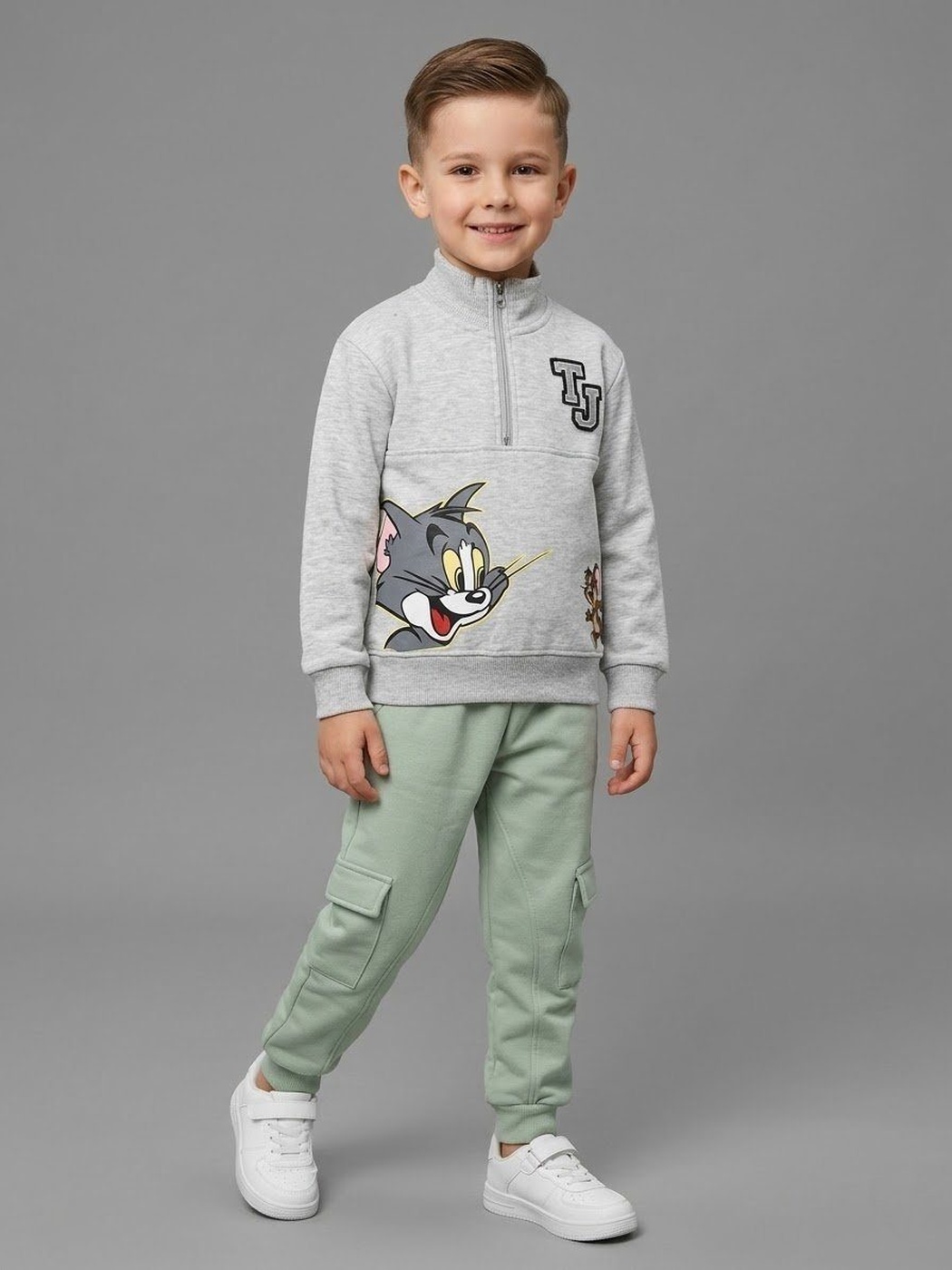 Tom & Jerry Half Zip Set Grey - Boy (Mint Green Cargo Pants)-10