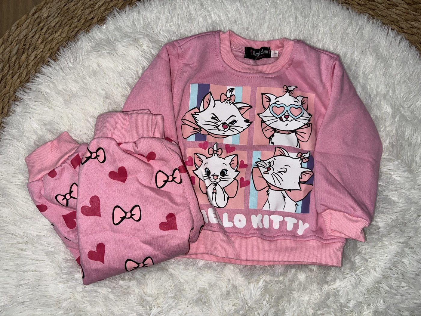Marie Cat Pink Set - Girl (Bow Print Pants)-01
