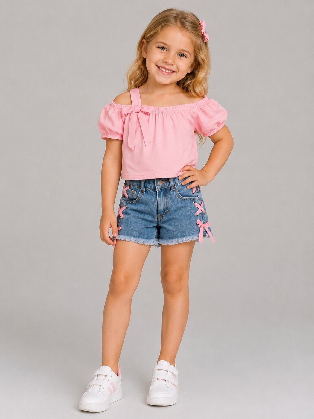 Bow-Trim Pink Denim Shorts Set - Girl (Side Lace Bows)-06