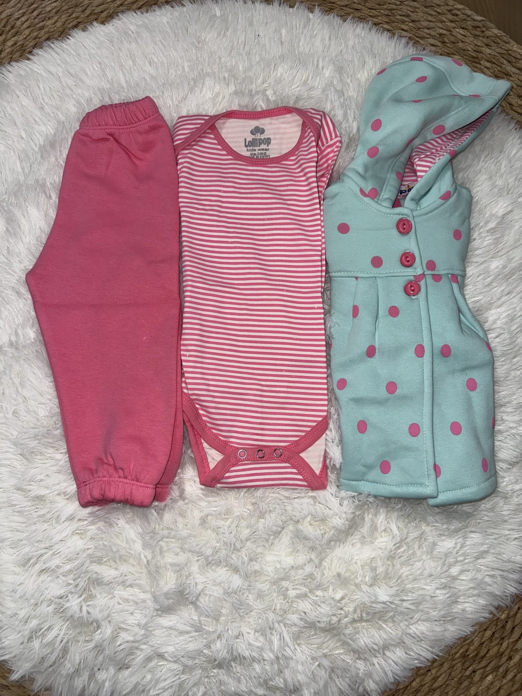 Mint Polka Dot 3-Piece Set - Baby Girl (Pink Striped Onesie)-24M