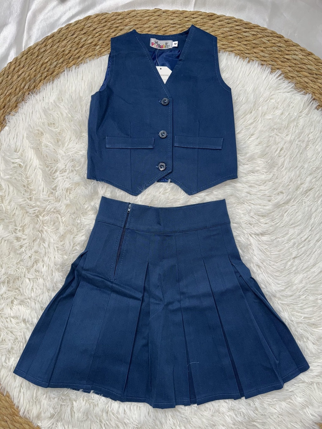 Peekaboo Blue Vest Set - Girl (Pleated Skirt)-12