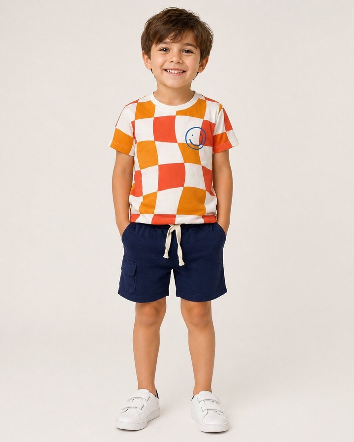Checkered Orange Shorts Set - Boy (Navy Shorts)
