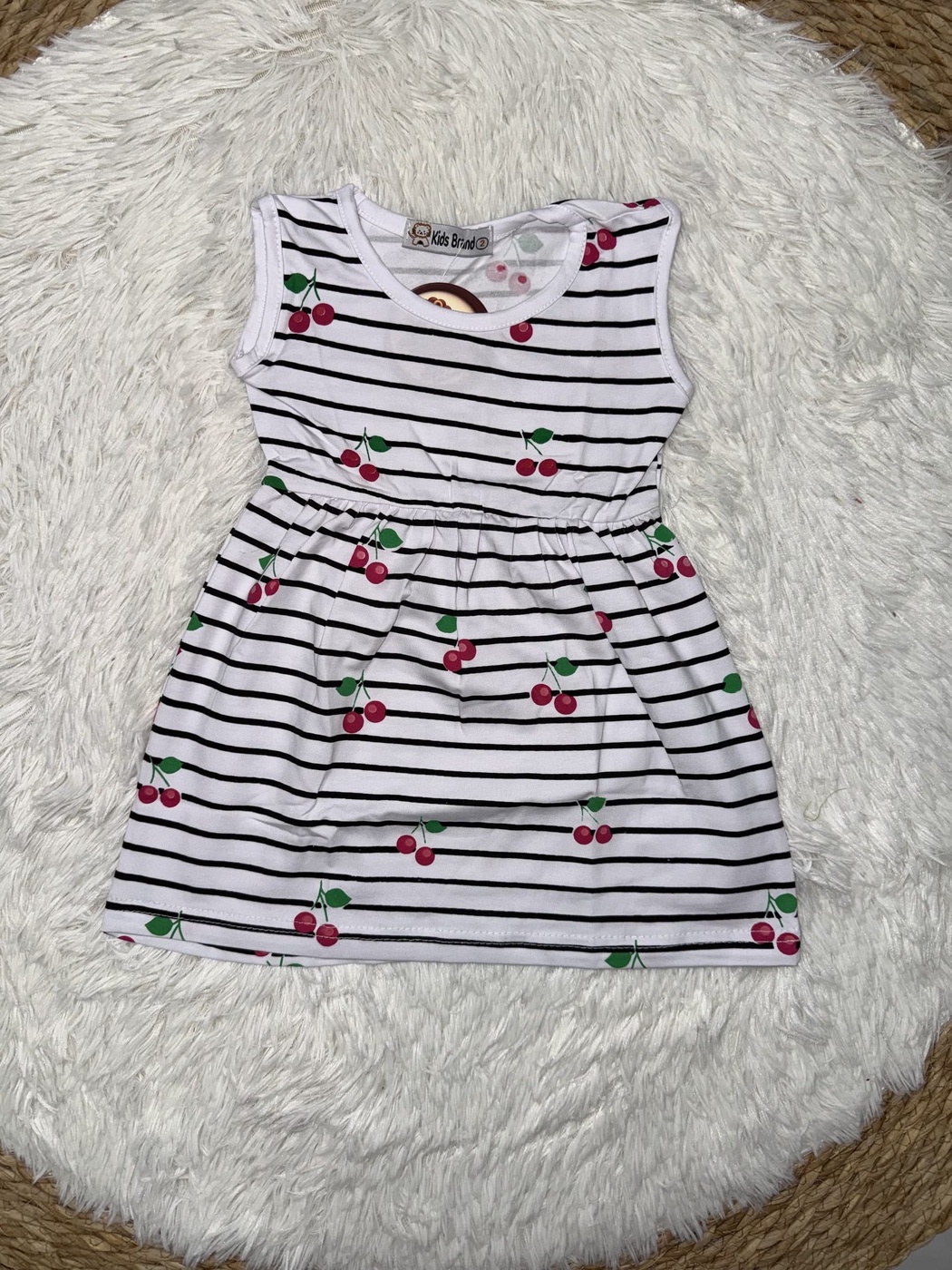 Brand Cherry Stripe White Dress - Girl (Cherry Pattern)-06