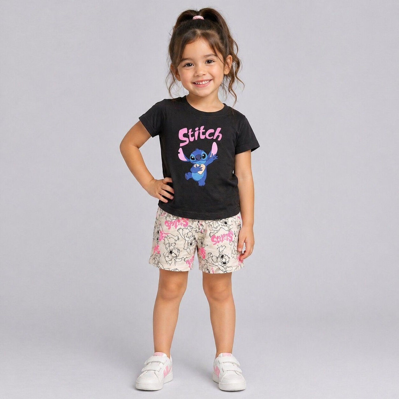 Stitch Black Shorts Set - Girl (Beige Shorts)-06