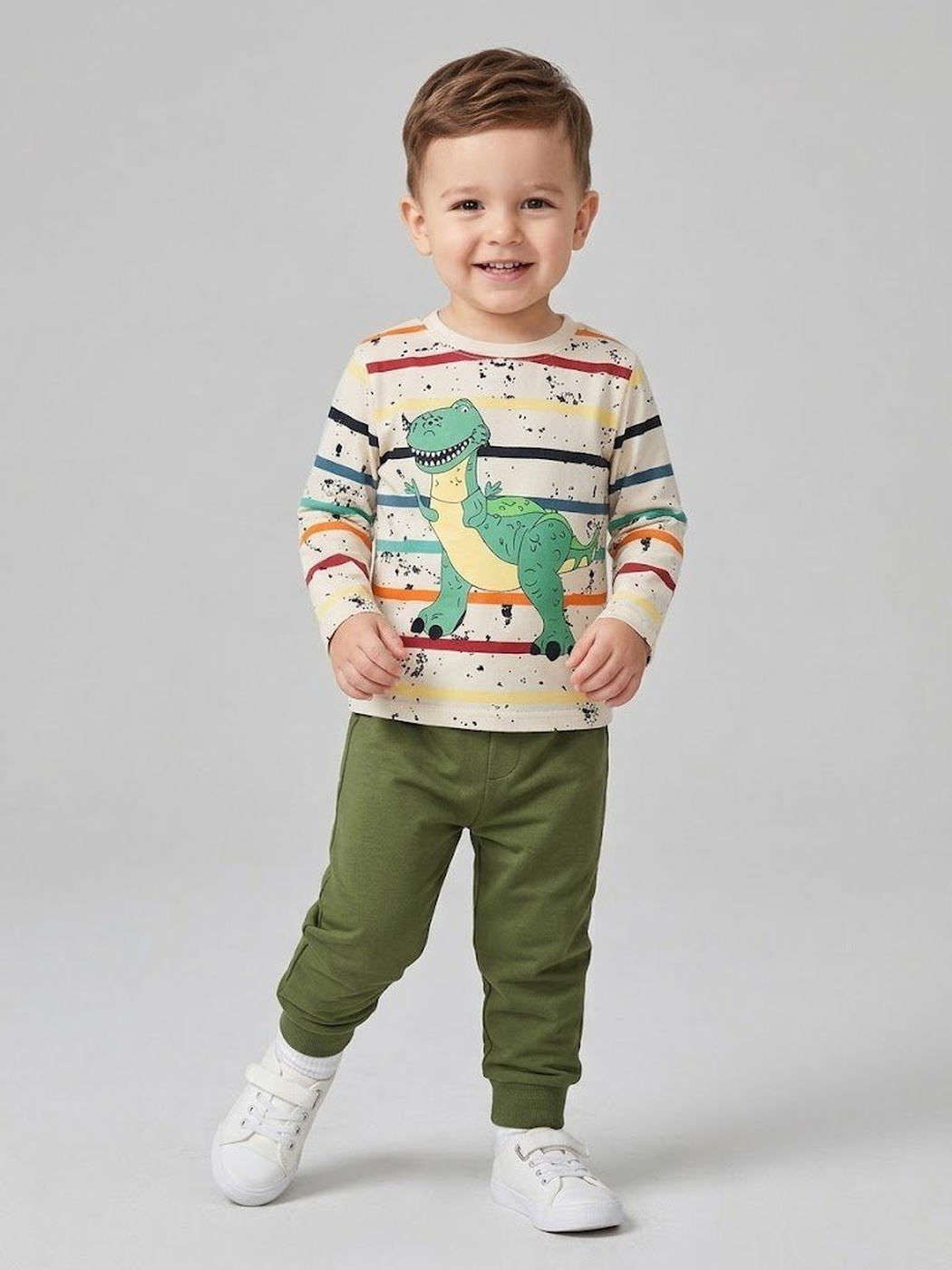 Dinosaur Green Set - Boy (Striped Top)-02