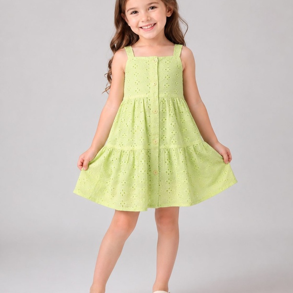 Tiered Green Dress - Girl (Button Front)