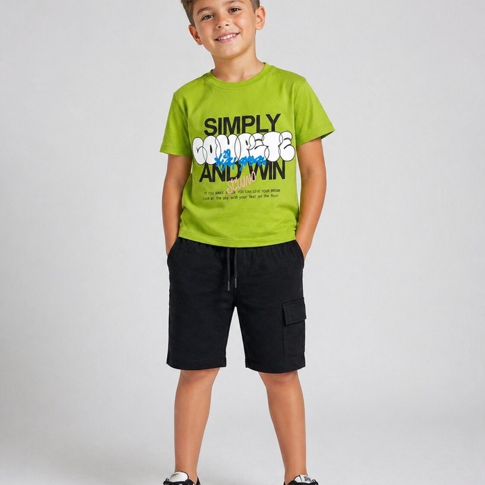 Text Graphic Green Tee Set - Boy (Black Cargo Shorts)