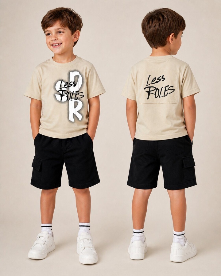 Less Rules Beige Shorts Set - Boy (Front Graphic)
