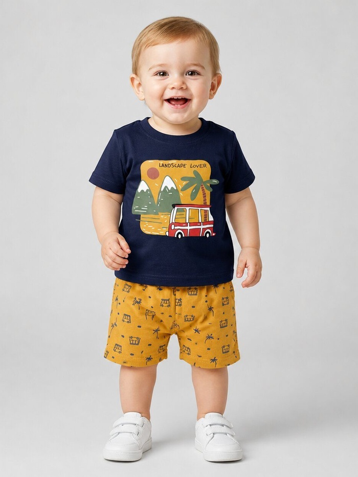 Adventure Navy Shorts Set - Boy (Bus Graphic)