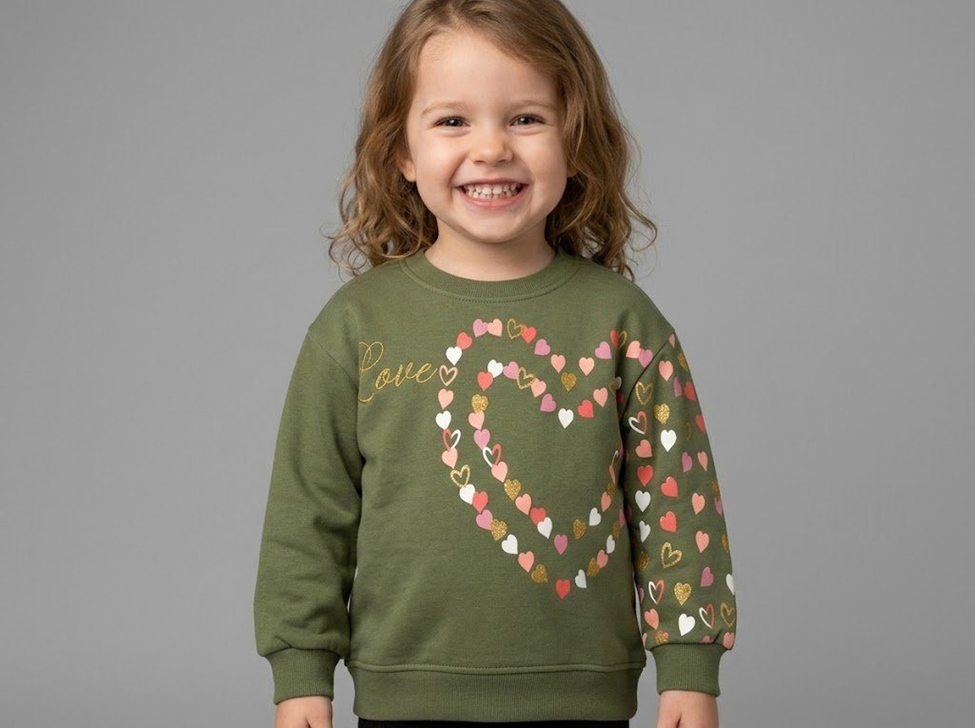 Love Heart Sweatshirt Olive Green - Girl (Single Patterned Sleeve)-05