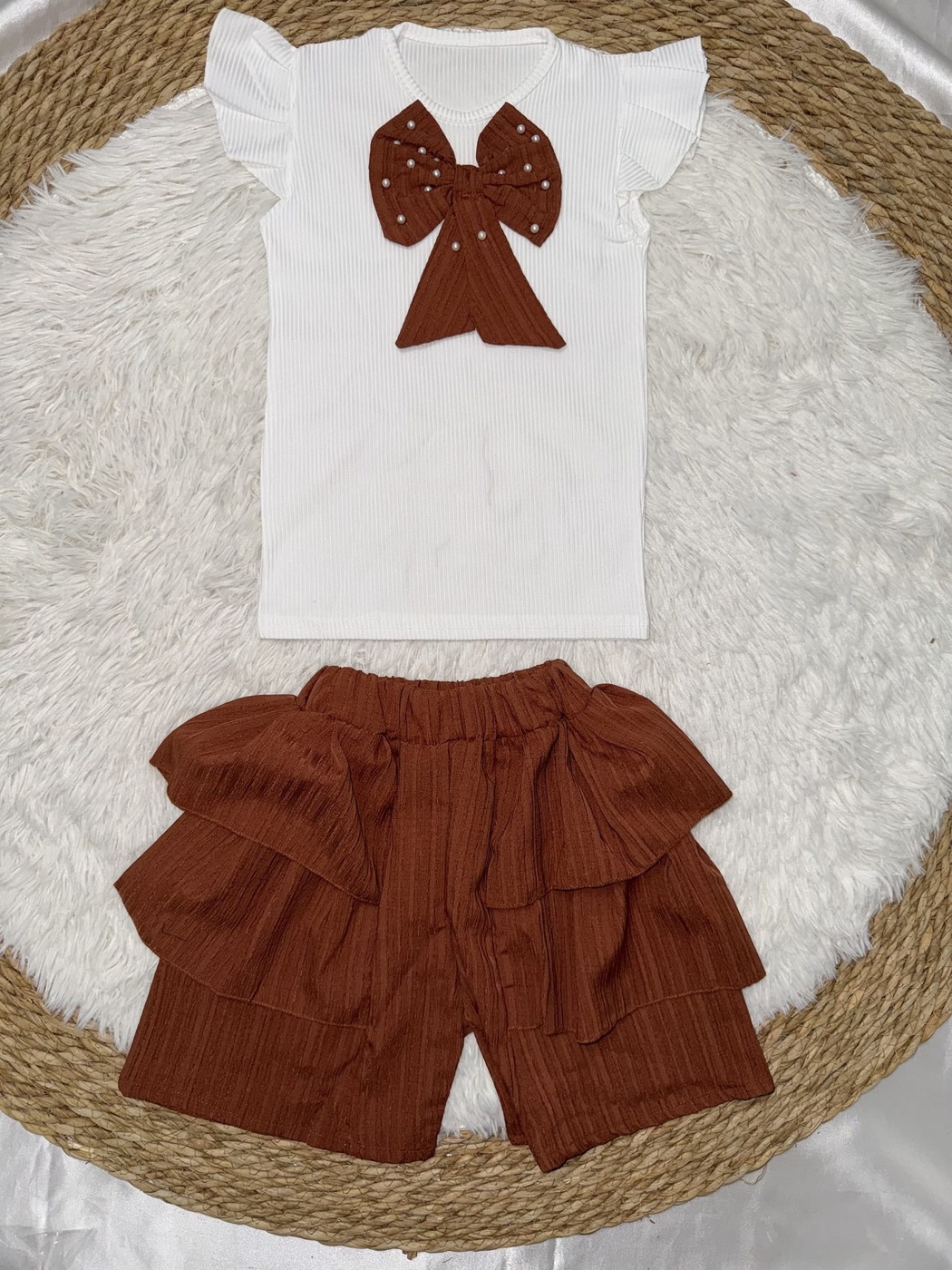 Bow Rust Brown Shorts Set - Girl (Ruffle Shorts)-04
