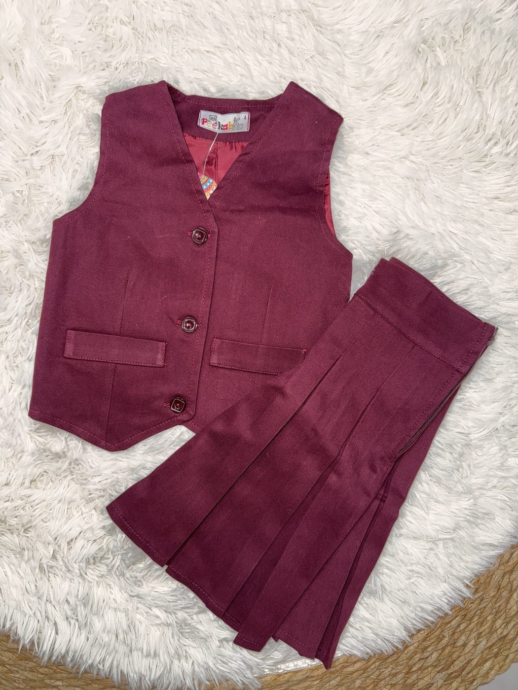 Peekaboo Burgundy Vest Set - Girl (Pleated Skirt)-10