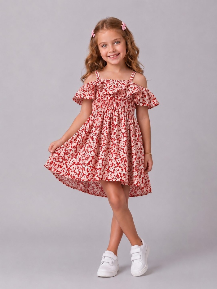 Red Floral Cold Shoulder Dress - Girl (Ruffle Neckline)