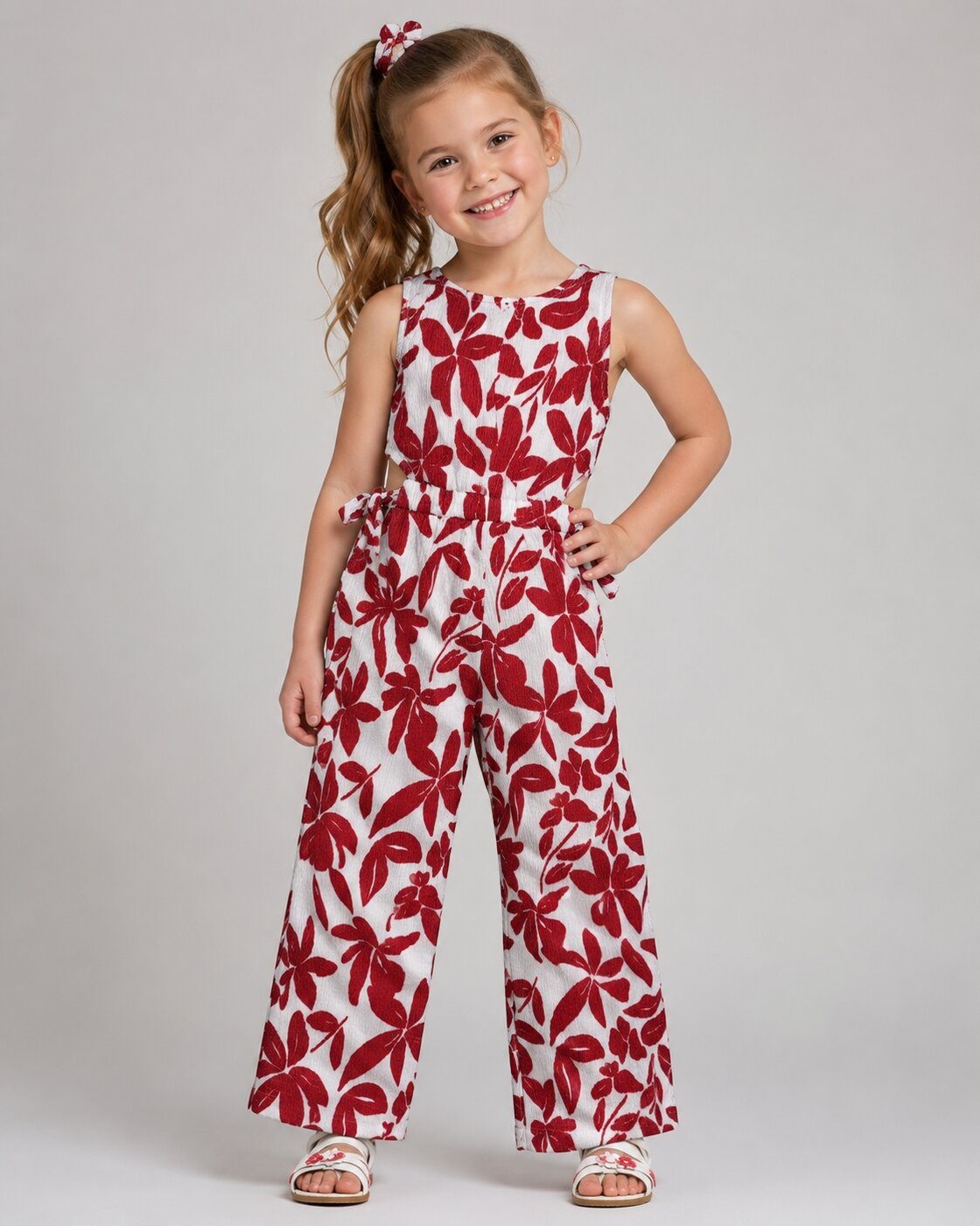 Red Floral Jumpsuit - Girl (Side Bows)-07